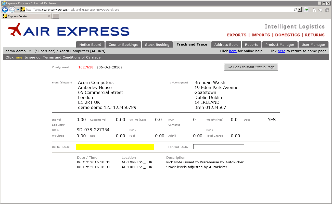 consignment number in professional courier bill